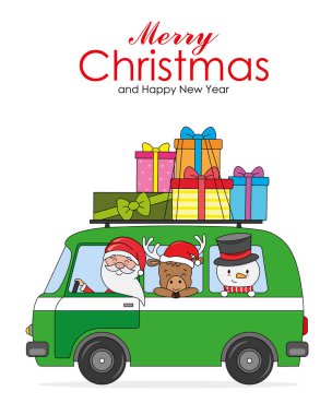 Noel kartpostalı. Ren geyiği ve kardan adamla Noel Baba minibüste hediye taşır.