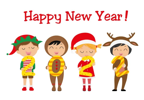 Feliz Ano 2022 Crianças Vestidas Como Personagens Natal Junto Com — Vetor de Stock