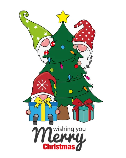Christmas Card Gnomes Christmas Tree Isolated Vector — Stok Vektör