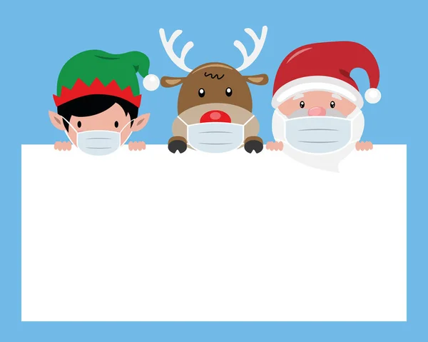 圣诞老人 精灵和驯鹿 戴着防毒面具 带有文字空间的海报 — 图库矢量图片