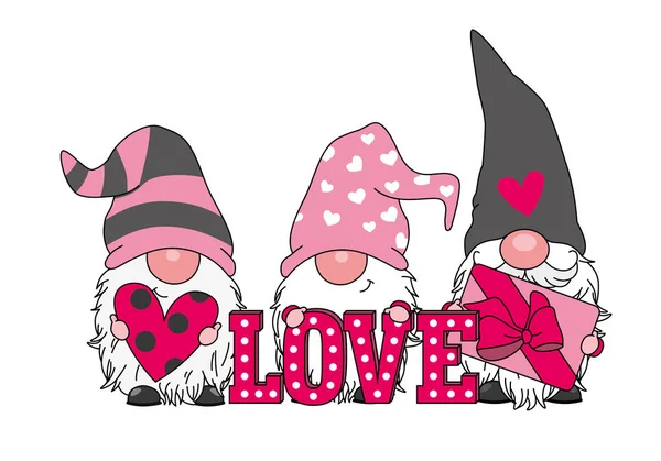 Cute Valentine Hari Gnome Dengan Balon Berbentuk Hati Hadiah Dan - Stok Vektor