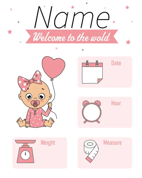 Cute Girl Balloon Baby Birth Print Baby Data Template Birth — Wektor stockowy