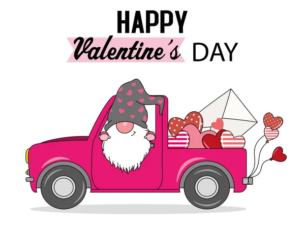 Cute Gnome Car Carrying Hearts Love Letter Isolated Vector – stockvektor