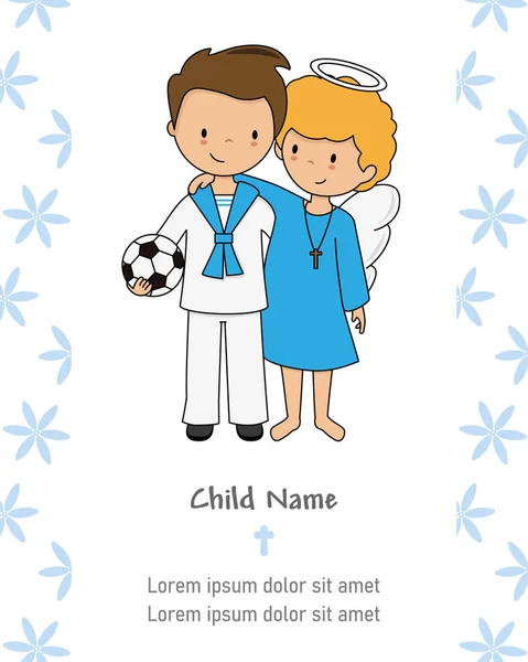 First Communion Card Boy Angel Hugging Isolated Vector — Wektor stockowy