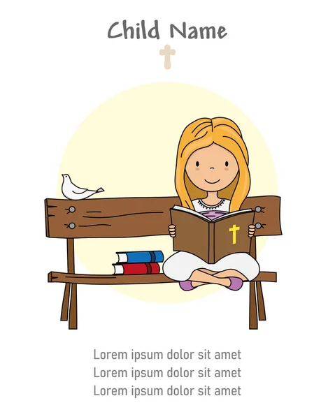 First Communion Card Girl Sitting Bench Reading Bible — стоковый вектор