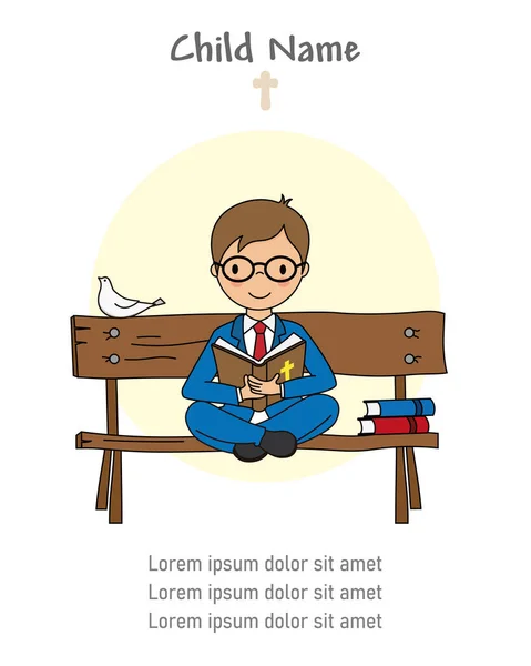 First Communion Card Boy Sitting Bench Reading Bible — Vetor de Stock