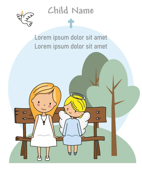 First Communion Card Girl Angel Sitting Bench — Stock Vector