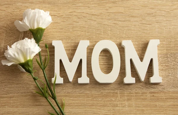Happy Mother Day Mom Letters Flowers Wooden Background Flat Top — Stock Photo, Image