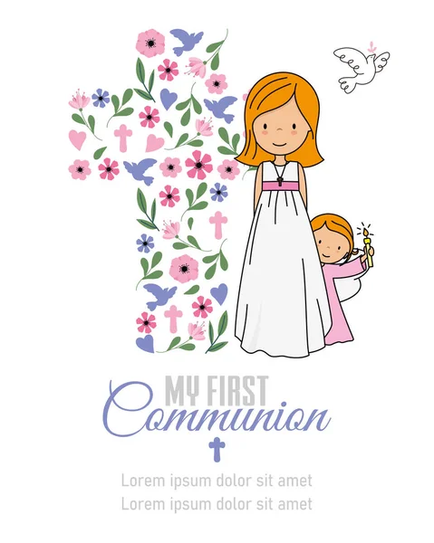 Card First Communion Girl Angel Cross Background — Stock Vector