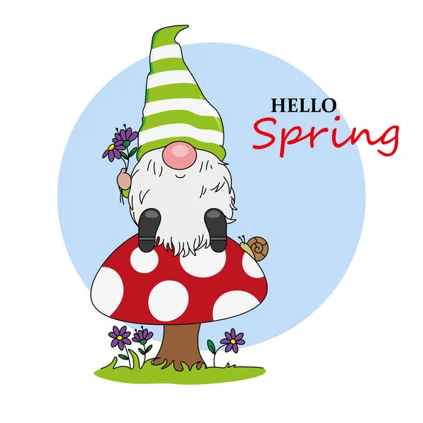 Welcome Spring Cartoon Cute Gnome Sitting Top Mushroom — Stock Vector