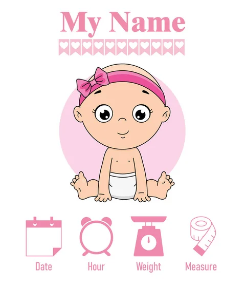 Cute Girl Balloon Baby Birth Print Baby Data Template Birth — Stock vektor