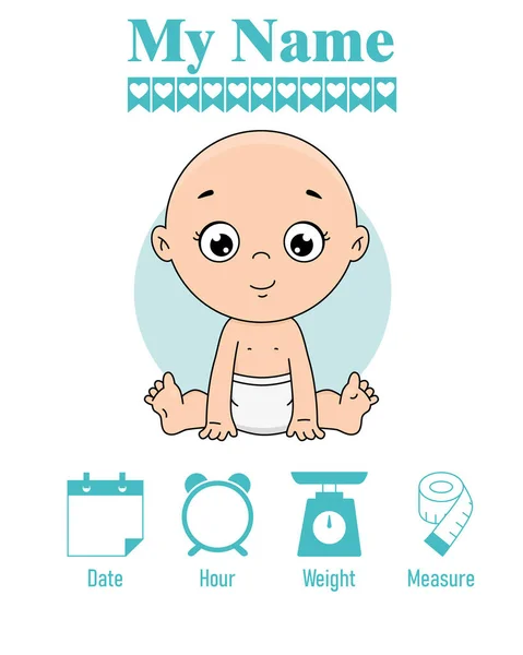 Cute Boy Balloon Baby Birth Print Baby Data Template Birth — Vetor de Stock