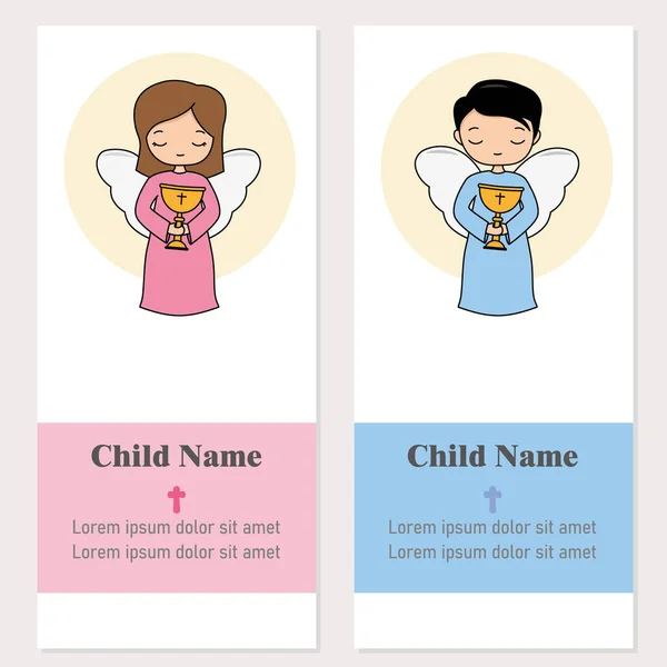 男孩和女孩的两张共融或洗礼卡 手中拿着圣杯的天使 — 图库矢量图片