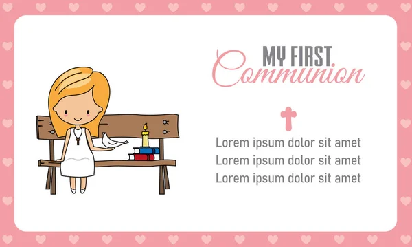 First Communion Girl Girl Sitting Bench White Dove Space Text — Archivo Imágenes Vectoriales