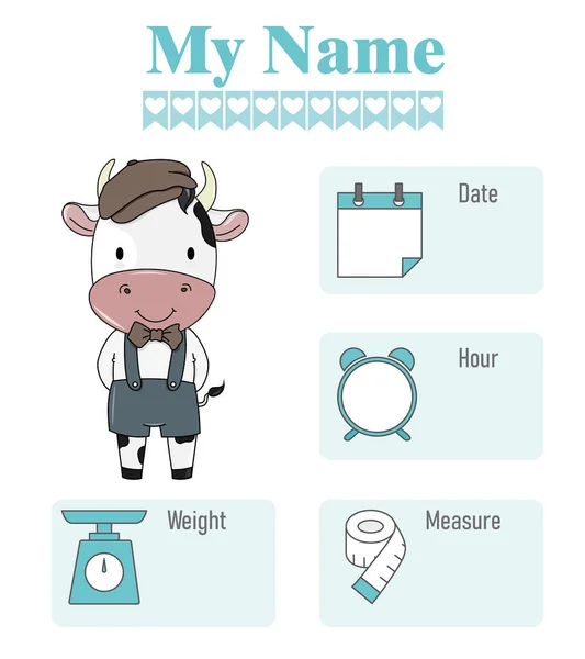 Cute Cow Baby Birth Print Baby Data Template Birth Weight — Stockvektor