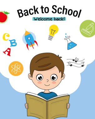 Back to school card. Child reading.