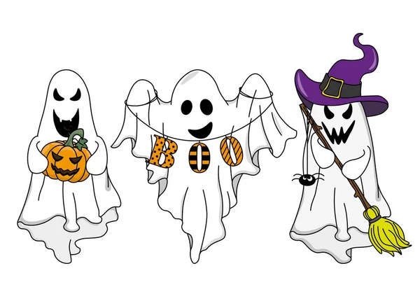Carte Halloween Trois Fantômes Avec Accessoires Halloween — Image vectorielle