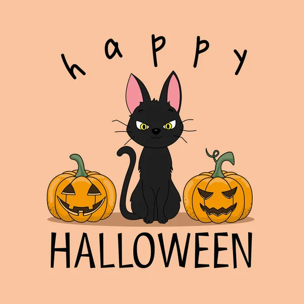 Tarjeta Halloween Gato Negro Con Calabazas Vector Aislado — Archivo Imágenes Vectoriales