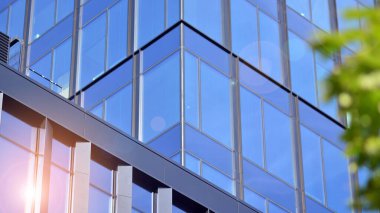 Modern şehir için ilham verici bir manzara. Cam ve metalden yapılmış binanın duvarı ağaçlara karşı. Şirket inşaatı ve ekoloji, mavi gökyüzü ve yeşil ağacı olan modern bina manzarası. Güneş ışığı