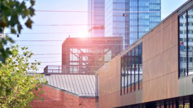 Modern şehir için ilham verici bir manzara. Cam ve metalden yapılmış binanın duvarı ağaçlara karşı. Şirket inşaatı ve ekoloji, mavi gökyüzü ve yeşil ağacı olan modern bina manzarası. Güneş ışığı