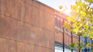 Modern şehir için ilham verici bir manzara. Cam ve metalden yapılmış binanın duvarı ağaçlara karşı. Şirket inşaatı ve ekoloji, mavi gökyüzü ve yeşil ağacı olan modern bina manzarası. Güneş ışığı
