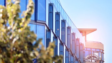 Modern şehir için ilham verici bir manzara. Cam ve metalden yapılmış binanın duvarı ağaçlara karşı. Şirket inşaatı ve ekoloji, mavi gökyüzü ve yeşil ağacı olan modern bina manzarası. Güneş ışığı