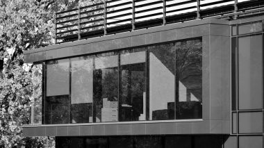 Şirket mimari binası. Yeni modern ofis binası. Çağdaş cam mimari binasının desenli camı. Siyah ve beyaz.