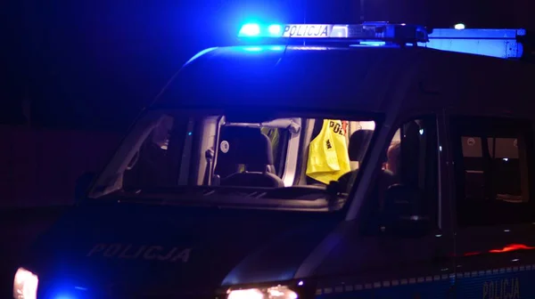 Luces Coche Policía Calle Ciudad Luces Azules Patrullaje Nocturno — Foto de Stock