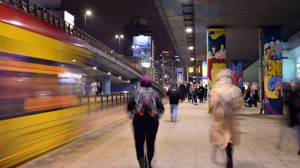 Warsaw Poland January 2022 People Tram Stop Waiting Transport Blurred — Stockfoto