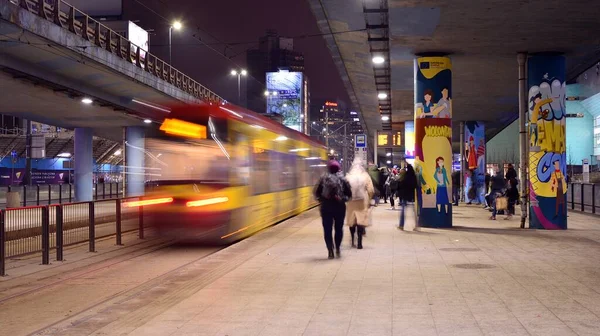 Warsaw Poland January 2022 People Tram Stop Waiting Transport Blurred — Foto de Stock