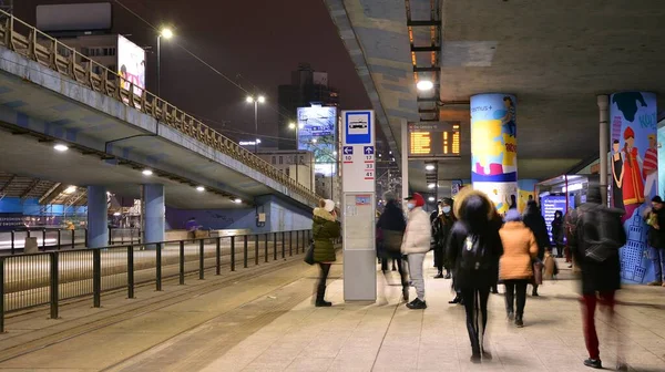 Warsaw Poland January 2022 People Tram Stop Waiting Transport Blurred — Stockfoto