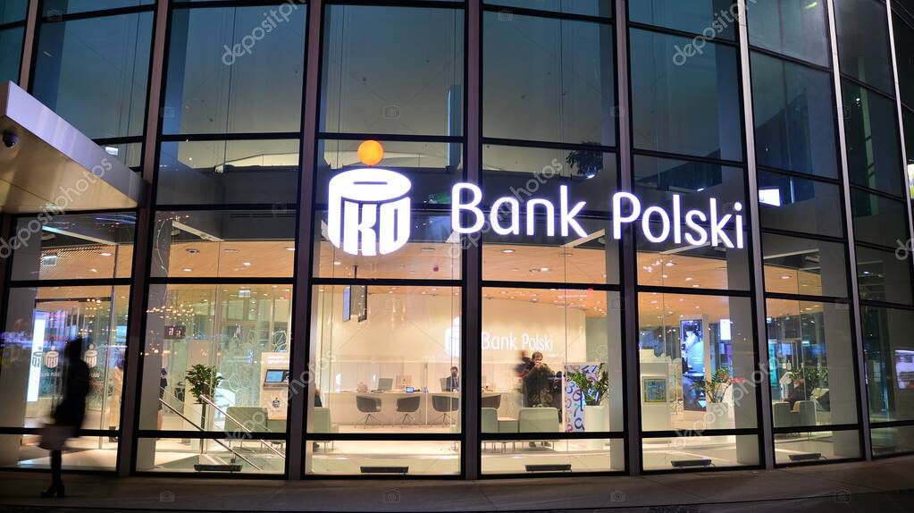 Warsaw, Poland. 11 January 2022. Sign PKO Bank Polski. Company signboard PKO Bank Polski.