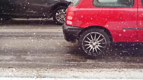 Car Winter Snowfall Road — Stok fotoğraf