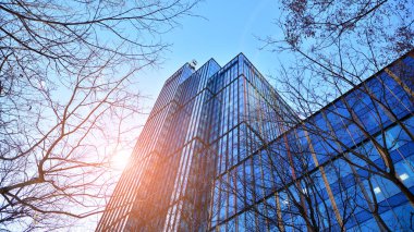 Soyut ve karmaşık mavi gökdelen yapısı şehir merkezinde gökyüzü ve kırmızı güneş arka planda