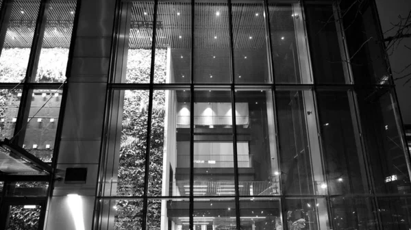 Fantastisk Nattstadsbild Kontorsbyggnad Natten Husfasad Med Glas Och Ljus Visa — Stockfoto