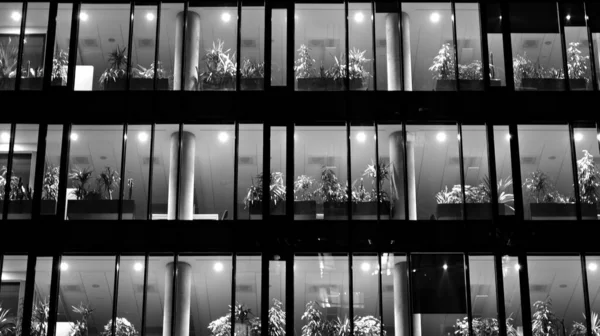 Paysage Urbain Nocturne Incroyable Immeuble Bureaux Nuit Façade Bâtiment Avec — Photo