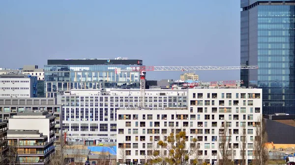 Warschau Polen März 2022 Luftaufnahme Von Wolkenkratzern Der Innenstadt Luftbild — Stockfoto