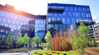 Varşova, Polonya. 5 Mayıs 2022. Orman, yaşamak ve ürün ve fikirleri çoğaltmak için modern ofis alanıdır. Dengeyi korumak için, şirket dünyasının dostane bir ofise ihtiyacı var. .