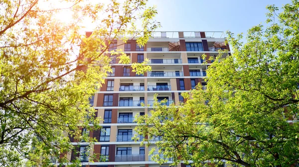 Çevre mimarisi. Yeşil ağaç ve apartman. Doğanın ve modernliğin ahengi.