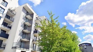 Çevre mimarisi. Yeşil ağaç ve apartman. Doğanın ve modernliğin ahengi.