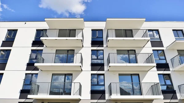 Part White Residential Building Balconies Blue Sky Clouds Architectural Details —  Fotos de Stock
