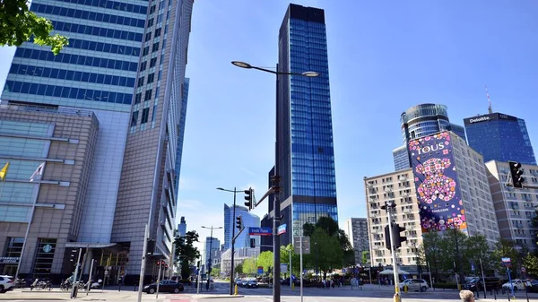 Warsaw Poland May 2022 Glass Skyscrapers Blue Sky Traffic City — Stock Photo, Image