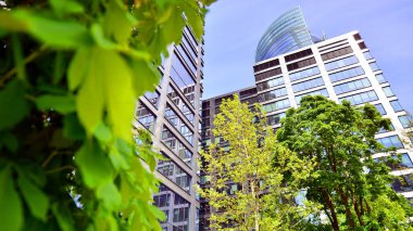 Taze yeşil ağaçlar ve ofis binası, iş konsepti. Modern şehir konseptinde yankı oluşturma.  