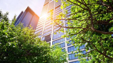 Taze yeşil ağaçlar ve ofis binası, iş konsepti. Modern şehir konseptinde yankı oluşturma.  