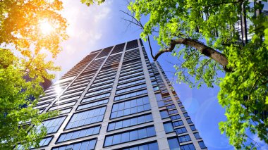 Taze yeşil ağaçlar ve ofis binası, iş konsepti. Modern şehir konseptinde yankı oluşturma.  