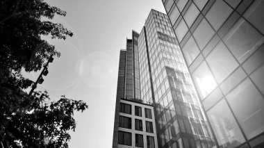 Mavi gökyüzüne karşı modern gökdelenin alt manzarası. Şehir merkezindeki iş binalarına bakıyorum. Ufukta doğan güneş. Siyah ve beyaz.