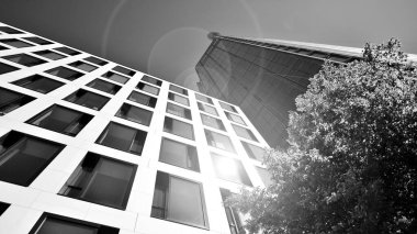 Mavi gökyüzüne karşı modern gökdelenin alt manzarası. Şehir merkezindeki iş binalarına bakıyorum. Ufukta doğan güneş. Siyah ve beyaz.