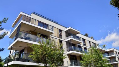 Modern apartment building facade, new apartment buildings exterior.