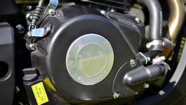 Warsaw, Poland. 19 July 2022. Details of the Junak M15 motorcycle is a mixture of classics and modern forms. Another name is Leonart Pilder.
