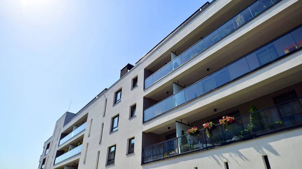 Exterior New Apartment Buildings Blue Cloudy Sky Background People Real — Stock Photo, Image